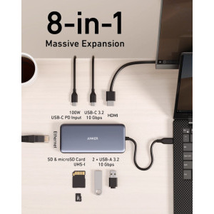 Anker 555 USB-C 8-in-1, 85W Power Delivery, suport 2 monitoare