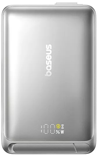 Baterie externa Baseus Nomos Qi2, 10000 mAh, 2x USB-C, 45 W, Display, Cablu USB-C integrat, Silver