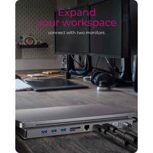 Icy Box IB-DK2106a-CPD, 11-in-1, 100W Power Delivery, 2x HDMI, 1x VGA, 3x USB 3.0, Gigabit LAN, SD/microSD card reader