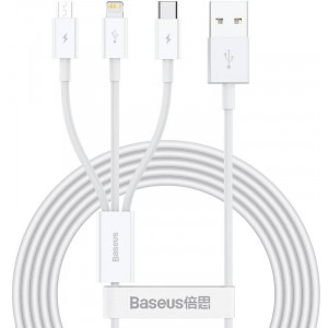 Cablu de date / adaptor Baseus 3-In-1, Superior Series, CAMLTYS-02, USB Male la microUSB, USB-C, Lightning Male, 1.2 m, White, amperaj maxim suportat 3.5A