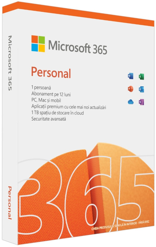 Aplicatie Microsoft 365 Personal 64-bit, Romana, Subscriptie 1 An, 1 Utilizator, Medialess Retail