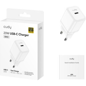 CUDY CH20, 1x USB-C, Quick Charge 20 W, GaN, White