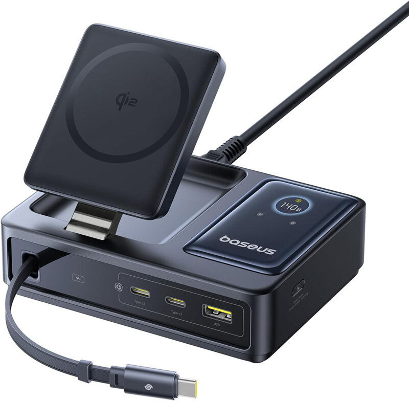 Incarcator retea Baseus Nomos, 2x USB-C, 1x USB, Quick Charge 100 W, Qi2, Cablu USB-C integrat, Black