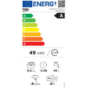 Beko B3WFU49215WWES, 9 kg, 1200 RPM, Clasa A, ProSmart Inverter, EnergySpin, SteamTherapy, Iron Fast, Alb