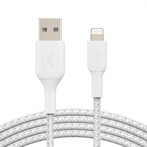 Cablu de date / adaptor Belkin BoostCharge Braided, USB Male la Lightning Male, 0.15 m, White