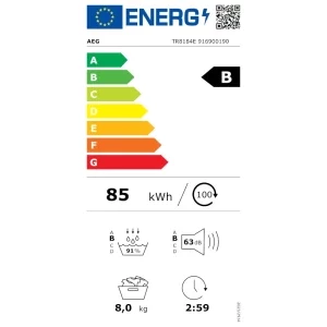 AEG TR8184E, Pompa de caldura, 8 kg, Clasa B, Inverter, AbsoluteCare, MixDry, PreciseDry, SensiDry, Iluminare interioara, Alb