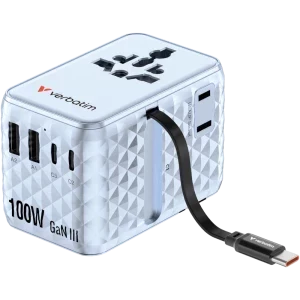 Verbatim Adaptor universal 30192, 3x USB-C, 2x USB, Quick Charge 100 W, GaN, Cablu USB-C integrat, Blue