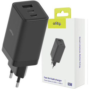 Allity ATC-01-65WACC, 2x USB-C, 1x USB, PD/QC 65W, GaN, Black