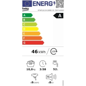 Beko B7WFU610418MB2 ES, 10 kg, 1400 RPM, Clasa A, ProSmart Inverter, EnergySpin, SteamTherapy, Iron Fast, HomeWhiz, Gri