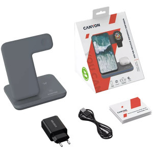 Canyon 3-in-1 WS-303, Wireless Qi Fast Charge 15 W Gray