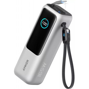 Baterie externa Anker A1695H41, 25000 mAh, 1x USB, 1x USB-C, 165 W, Display, Cablu USB-C integrat, Silver, posibilitate incarcare laptop