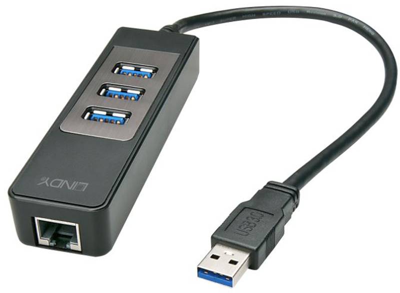 Hub USB LINDY 3 porturi, USB 3.0 + Gigabit Ethernet, Negru