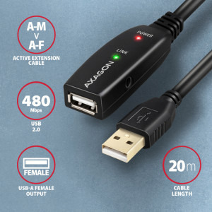 AXAGON USB 2.0 tip A Male - USB 2.0 tip A Female, 20m, negru
