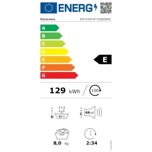 Electrolux EW7D283VE, Pompa de caldura, 8 kg, Clasa E, Inverter, DelicateCare, MixCare, SensiCare, EasyClean, Alb