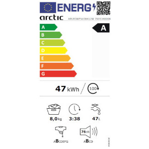 Arctic APLM3WFSU38412W, 8 kg, 1400 RPM, Clasa A, Silent Inverter, SaveInAll, IronExpress, Flow Control, HomeWhiz, Alb