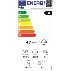 Beko B3WFU48415WBPBES, 8 kg, 1400 RPM, Clasa A, ProSmart Inverter, EnergySpin, SteamTherapy, Iron Fast, Alb