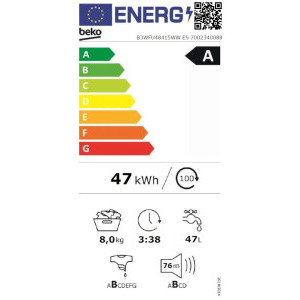 Beko B3WFU48415WWES, 8 kg, 1400 RPM, Clasa A, ProSmart Inverter, EnergySpin, SteamCure, SteamTherapy, Iron Fast, AddXtra, Alb