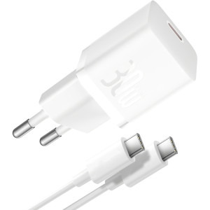 Incarcator retea Baseus P10110902213-00, 1x USB-C, Quick Charge 30 W, GaN, White + Cablu USB-C 1 m