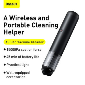 Baseus de mana A3, putere aspirare 15000 pa, filtru HEPA, acumulator 4x2000mAh, Black + cablu Type-C la USB, 135W, 0.07L, Negru